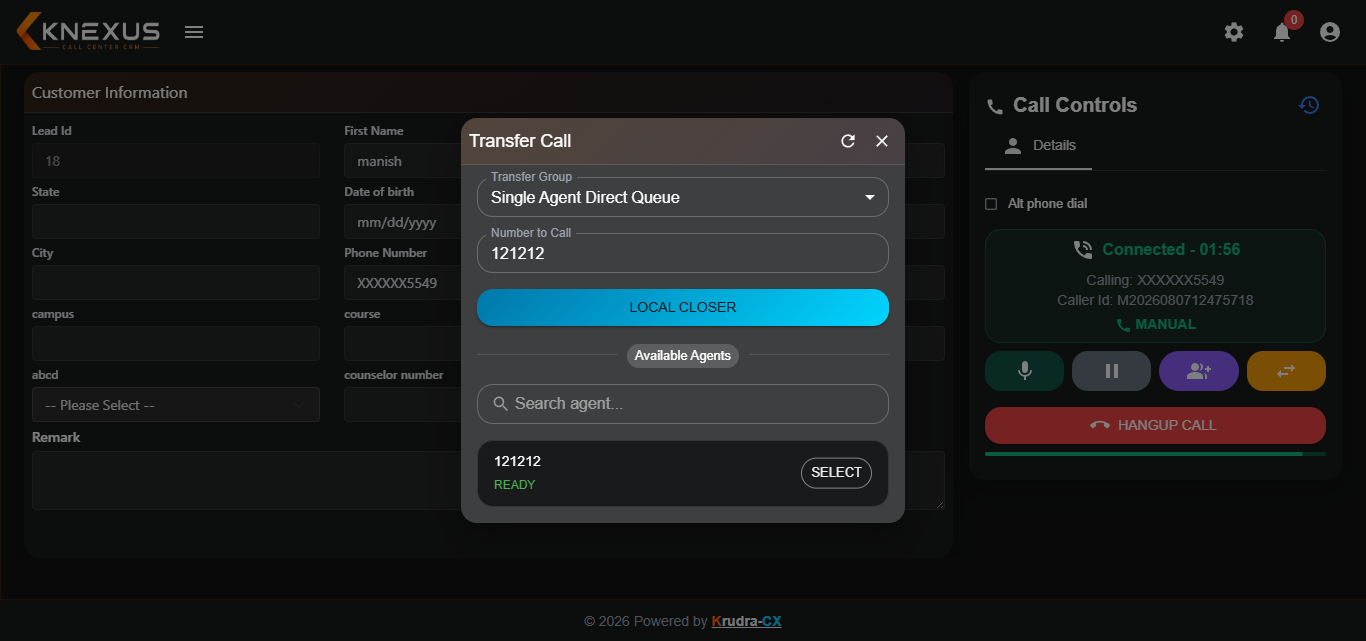 KRUDRA-CX Call Transfer Agent Panel screen